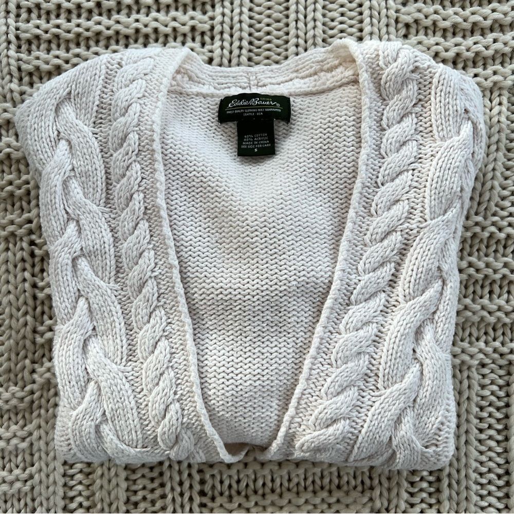 Eddie Bauer Cable Knit Soft Ivory Long Sleeve One Hook Cardigan Sweater - Picture 3 of 10